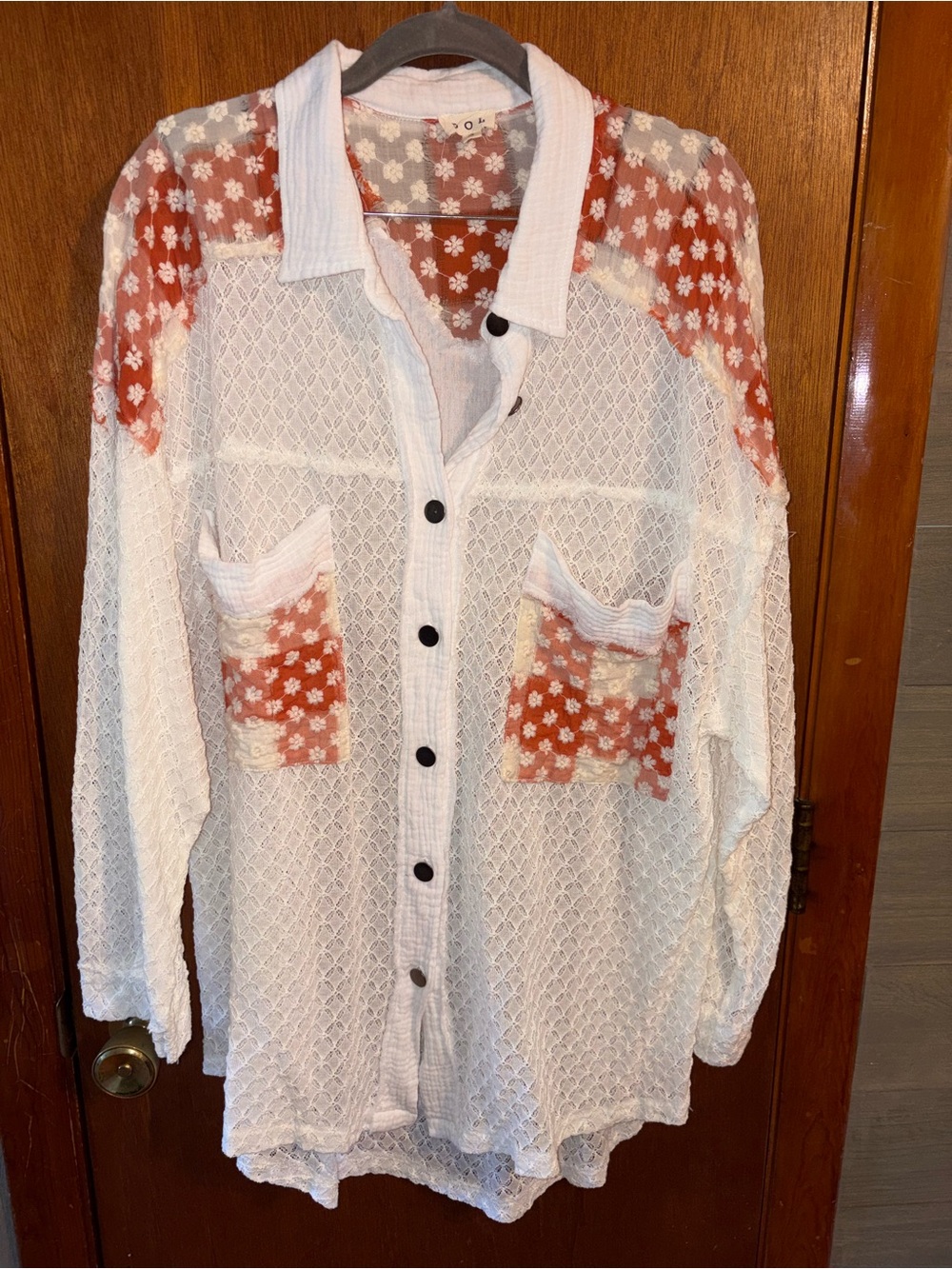 POL Sheer White Button-Down Shirt with Coral Floral Panels